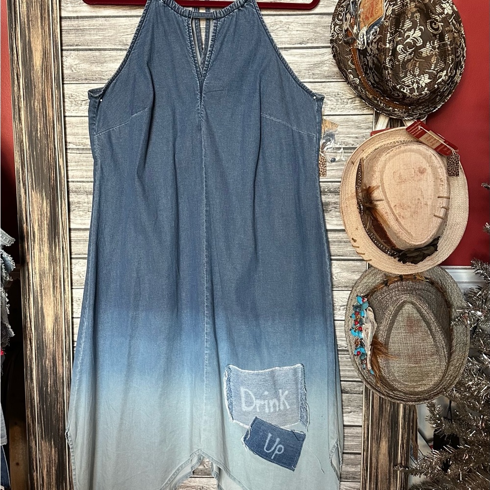 UpCycled Recycled Repurposed Dip Dyed Denim Dress Gypsy Boho shark a line sassy
